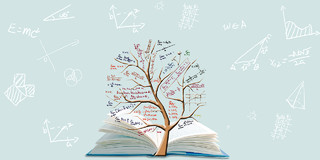 浅色简约数学公式书本上的大树展板背景